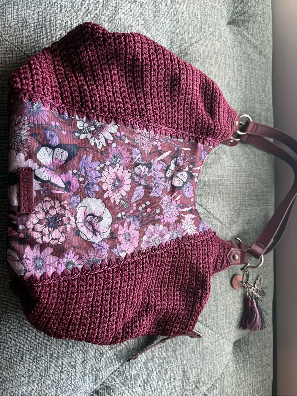 Sakroots Burgundy and Pink Floral Crochet Hobo Bag